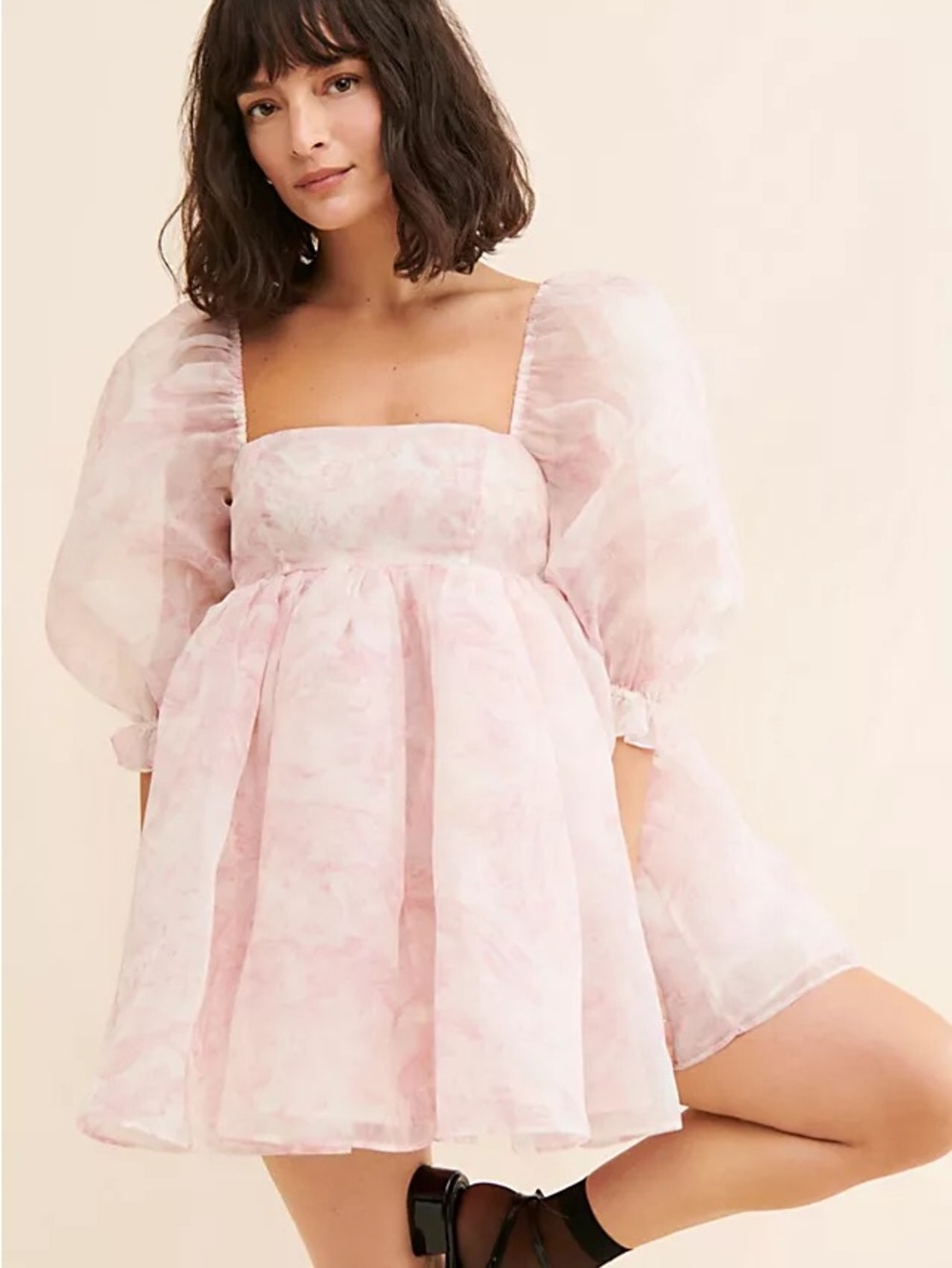 Selkie Blush Puff-Sleeve Square-Neck Mini Dress